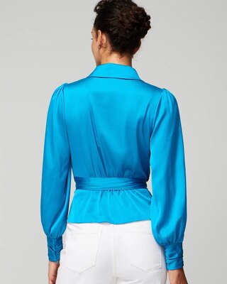 Petite Long Sleeve Wrap Satin Blouse