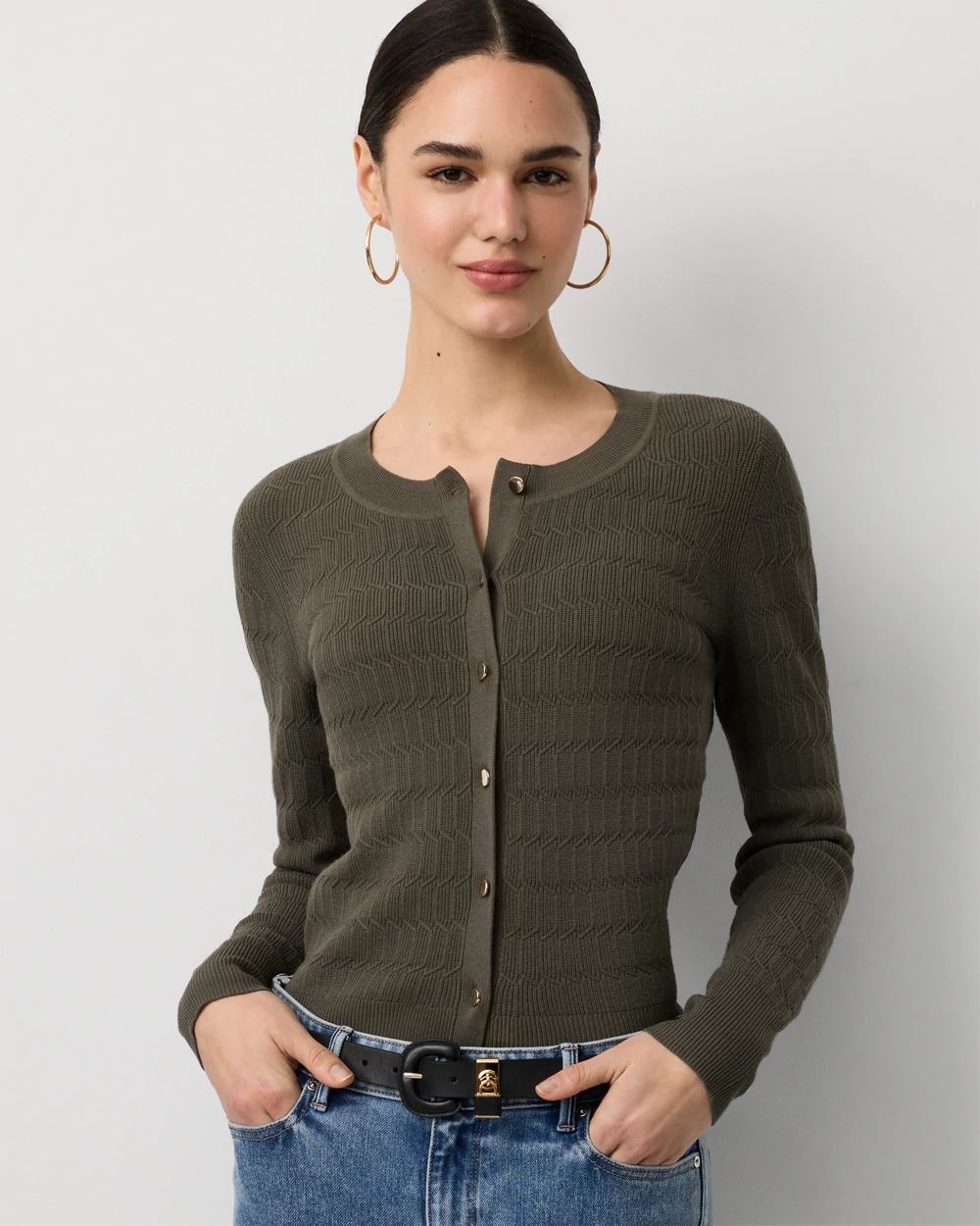 Textured Crewneck Button-Front Cardigan