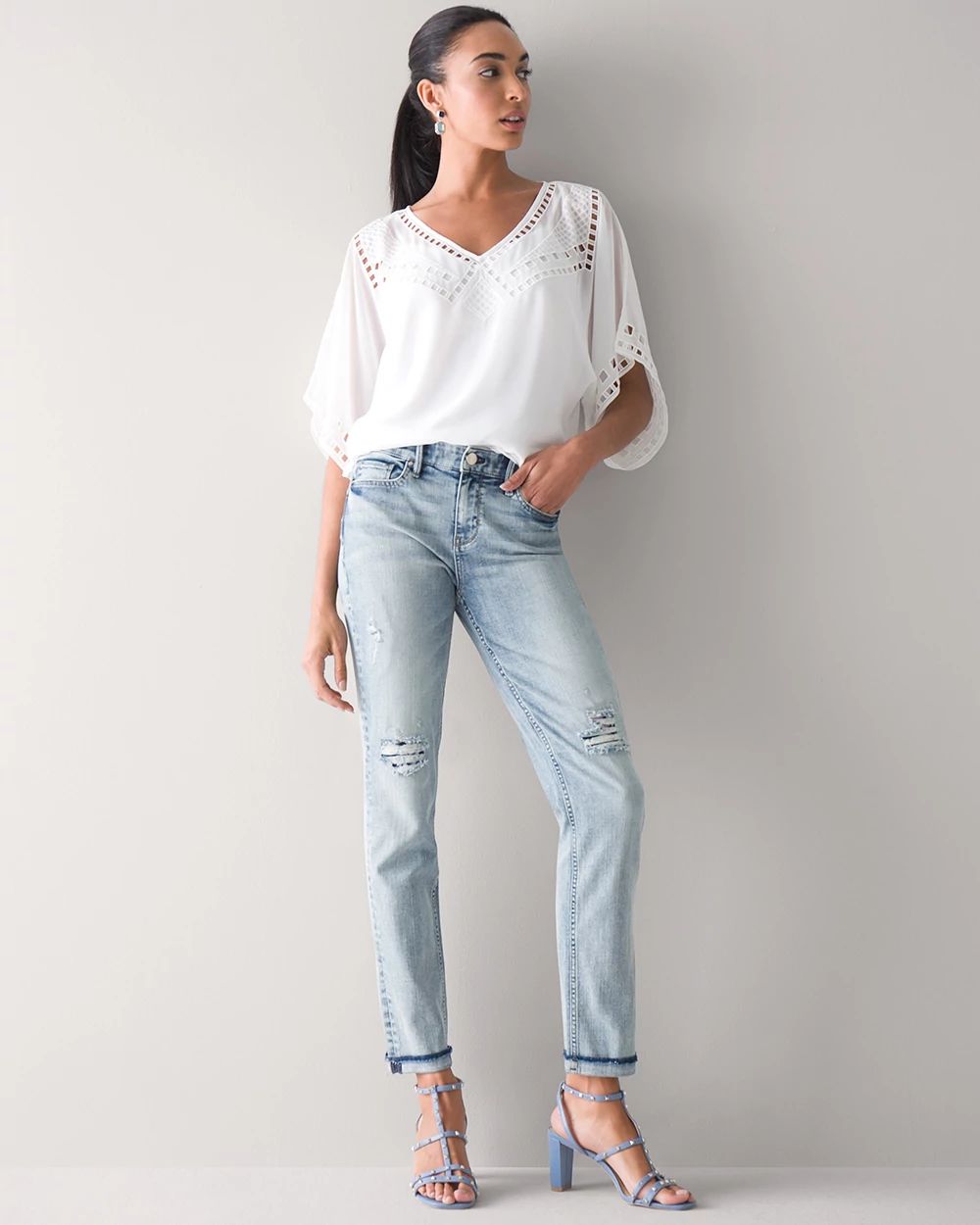 Petite Mid-Rise Everyday Soft Denim™ Destructed Girlfriend Jeans click to view larger image.
