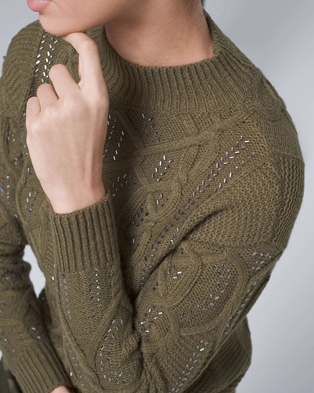 Faux Crystal-Embellished Cable Knit Sweater