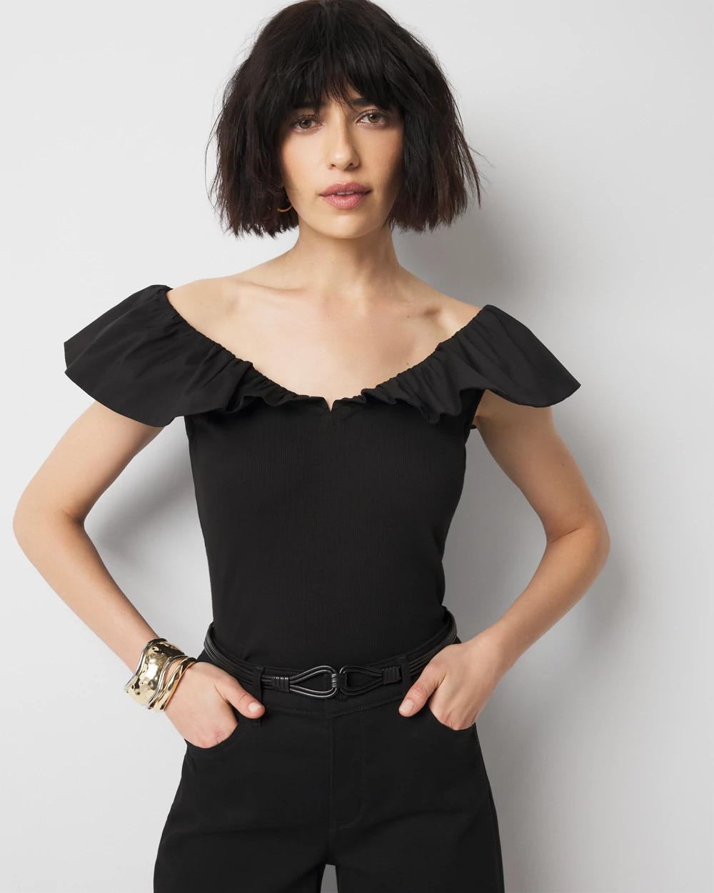 Ruffle Poplin Knit Top - image 2