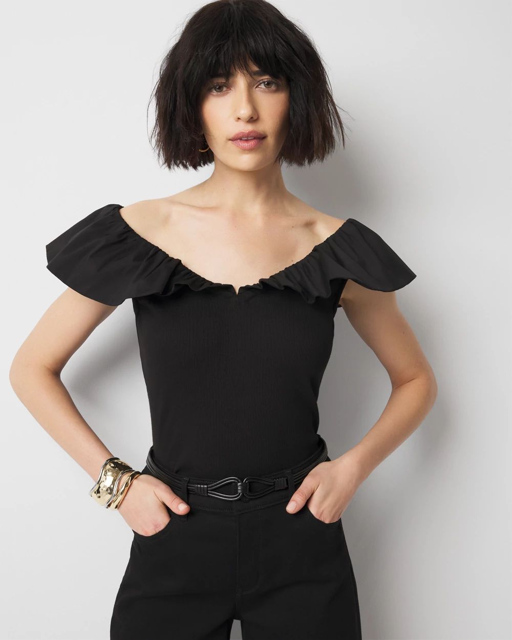 Ruffle Poplin Knit Top