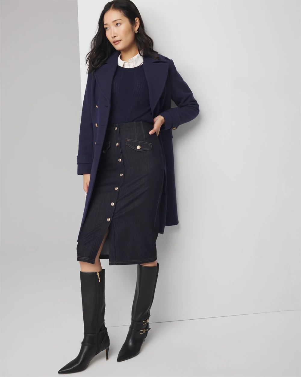 Petite Button Front Denim Midi Skirt