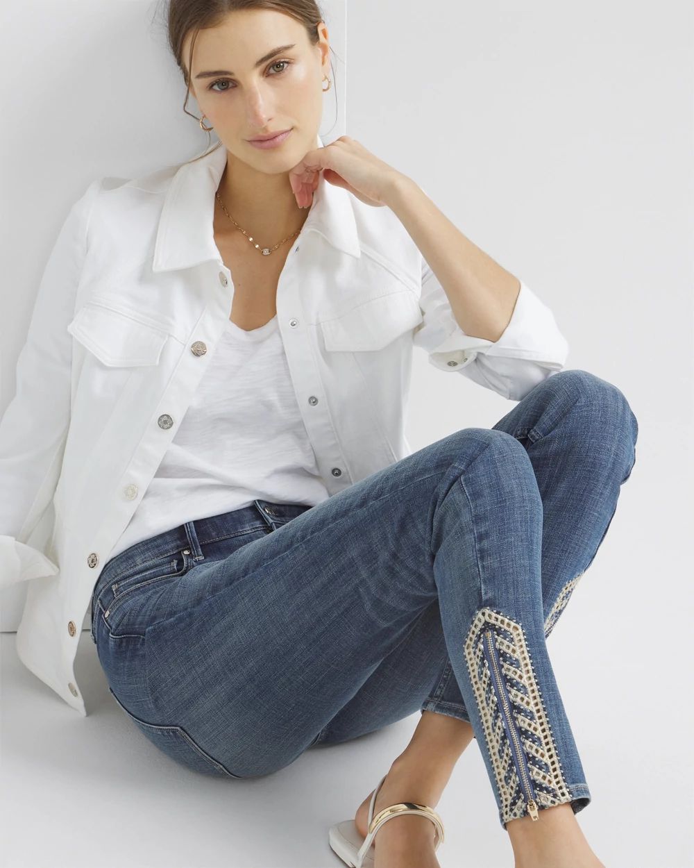 High-Rise Everyday Soft Denim Embellished Hem Skinny Ankle Jeans click to view larger image.