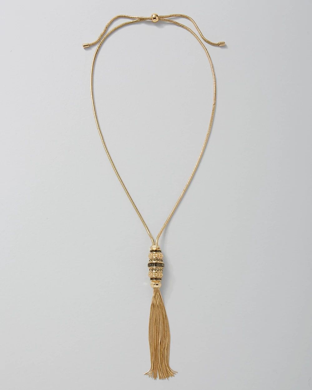 Goldtone Rings Adjustable Tassel Necklace click to view larger image.