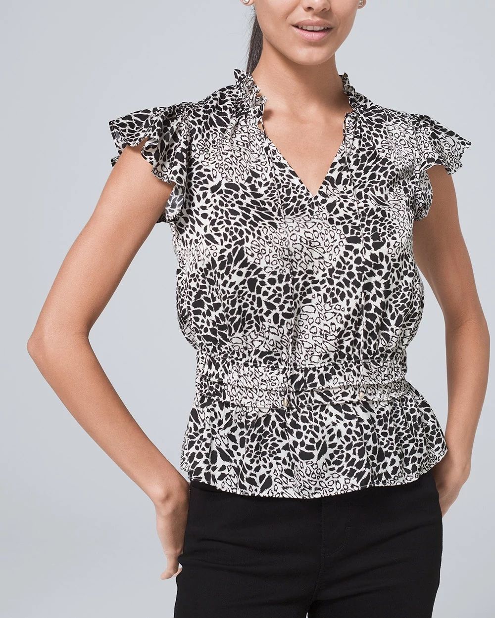 Petite Flutter-Sleeve Tie-Neck Top