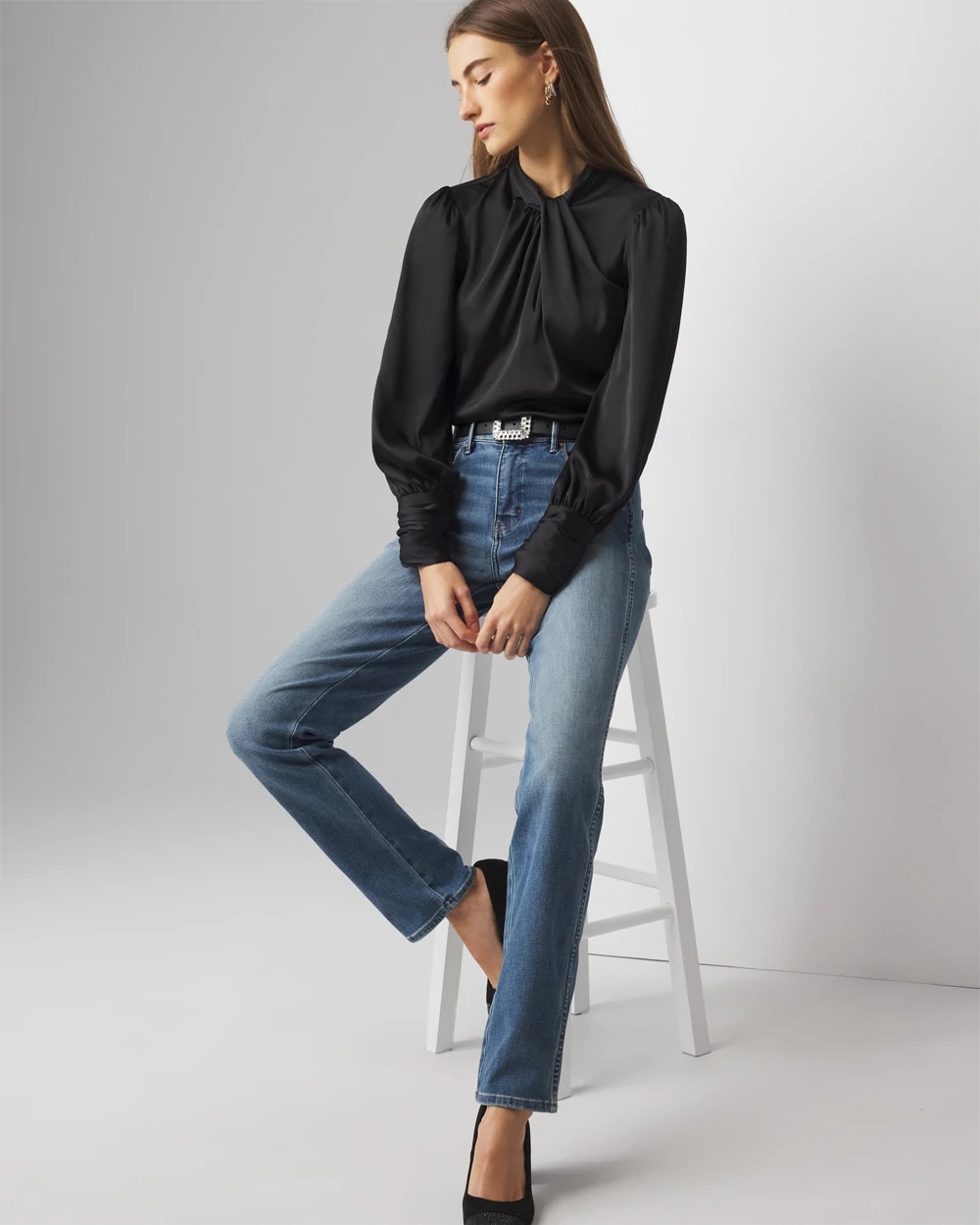 Long Sleeve Twisted Neck Satin Blouse