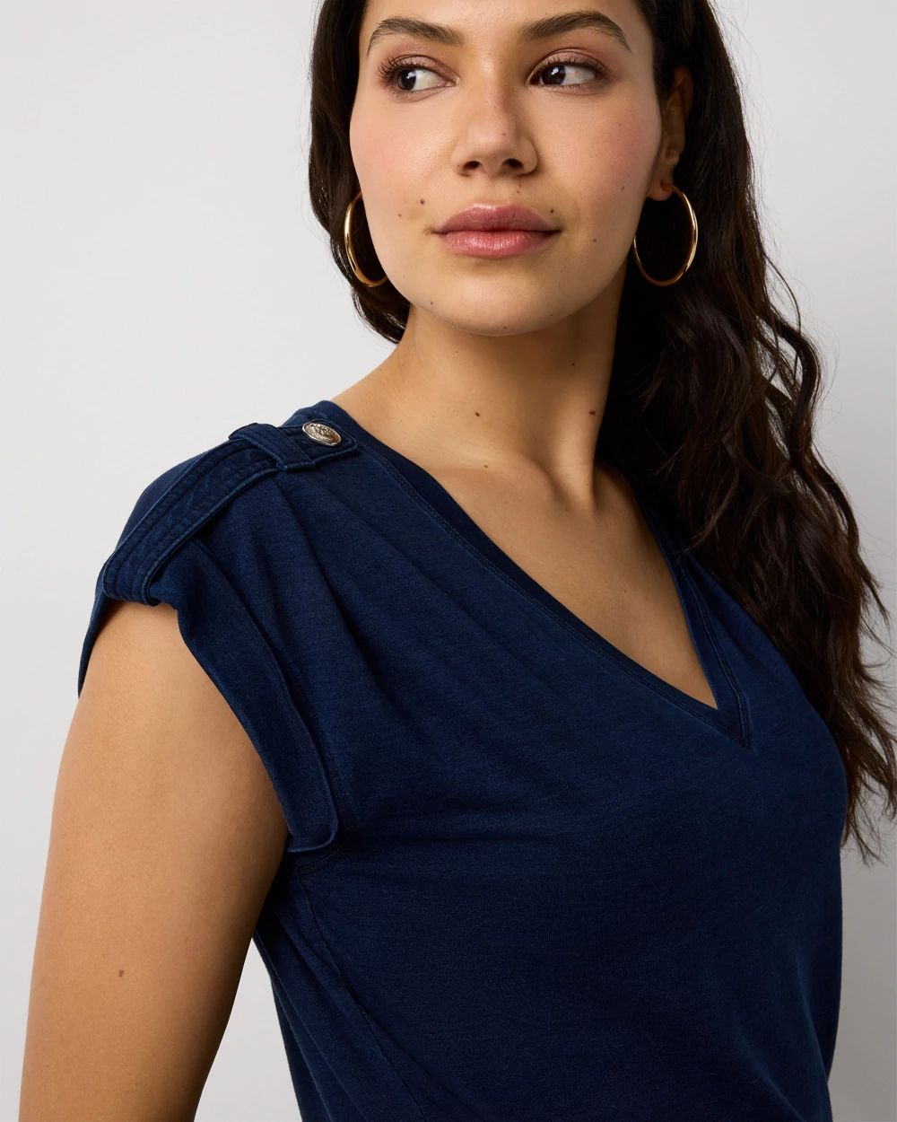 Epaulet Knit V-neck Tee click to view larger image.