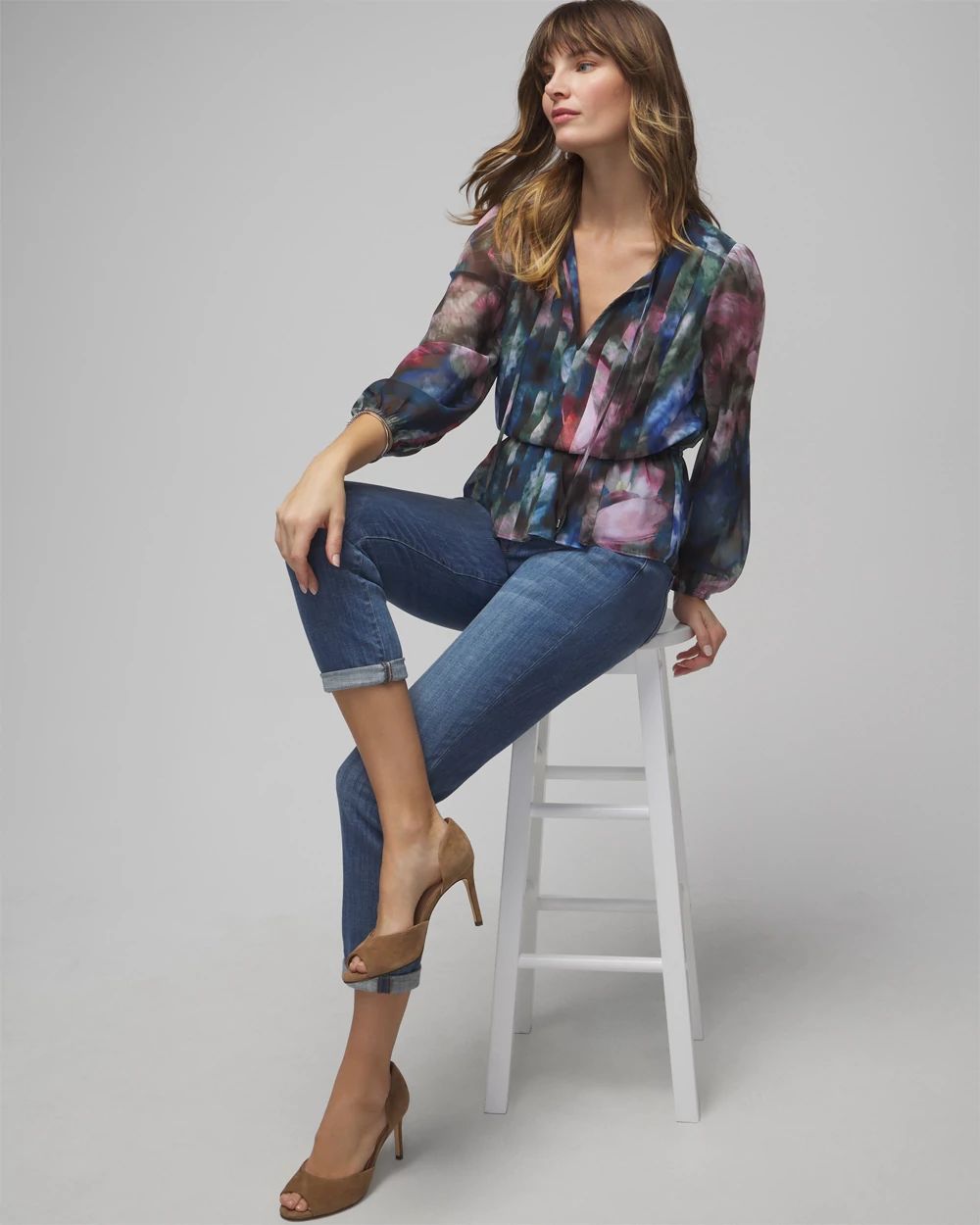 Long Sleeve V-Neck Pleated Chiffon Blouse
