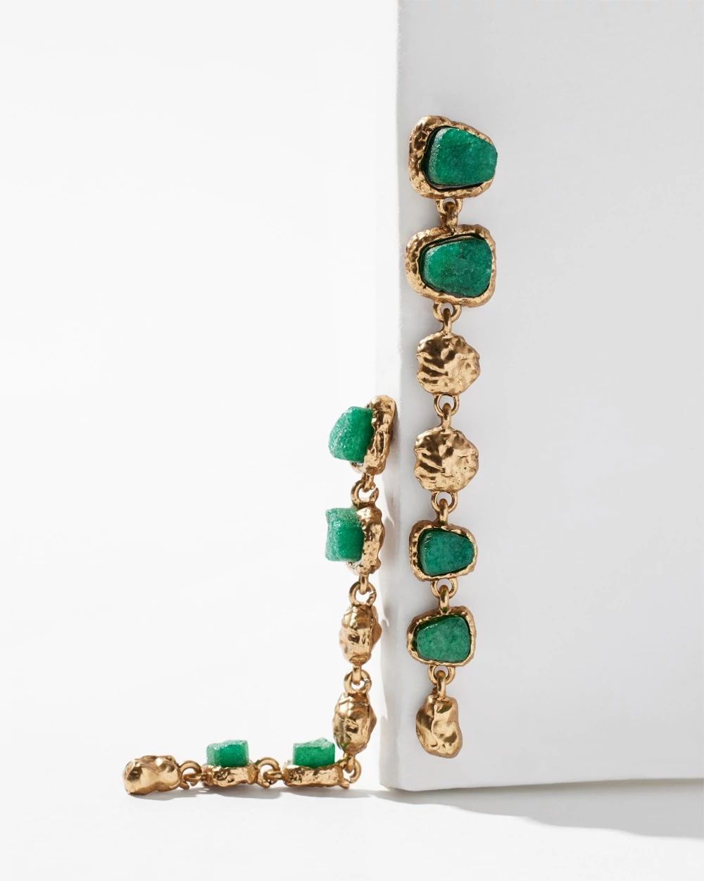 Goldtone + Green Stone Linear Earrings