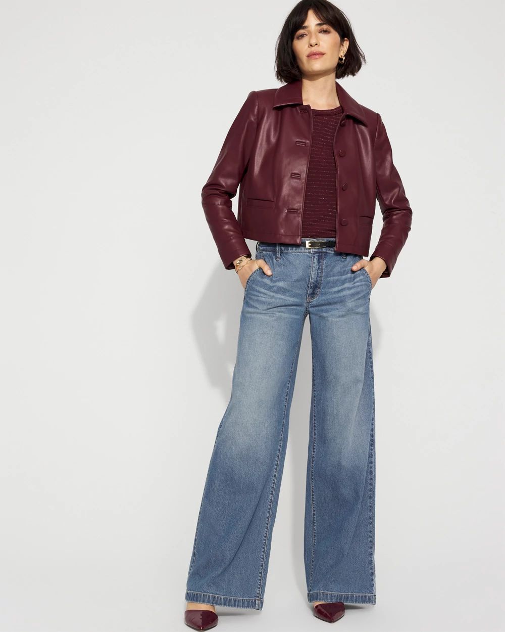 Button-Front Faux Leather Jacket