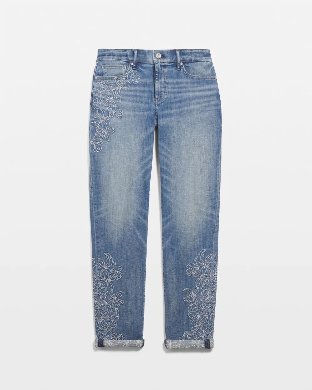 Mid-Rise Everyday Soft Embroidered Girlfriend Jeans click to view larger image.