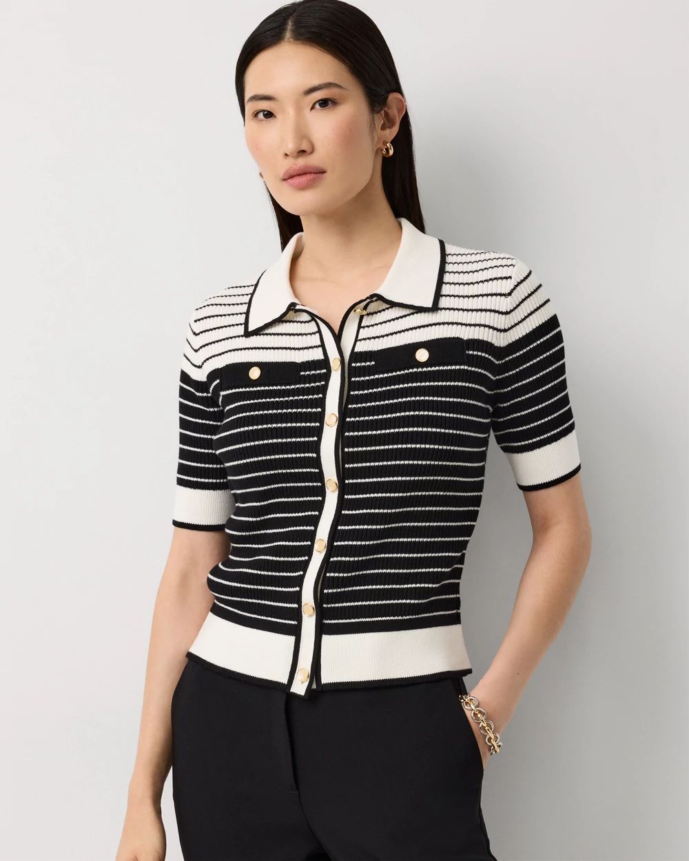 Collared Striped Cotton Cardigan