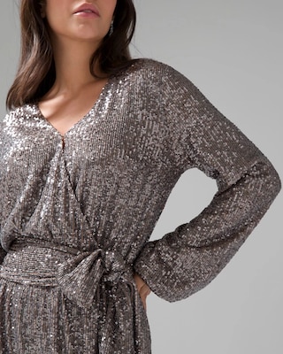 Long-Sleeve Sequin Surplice Dress