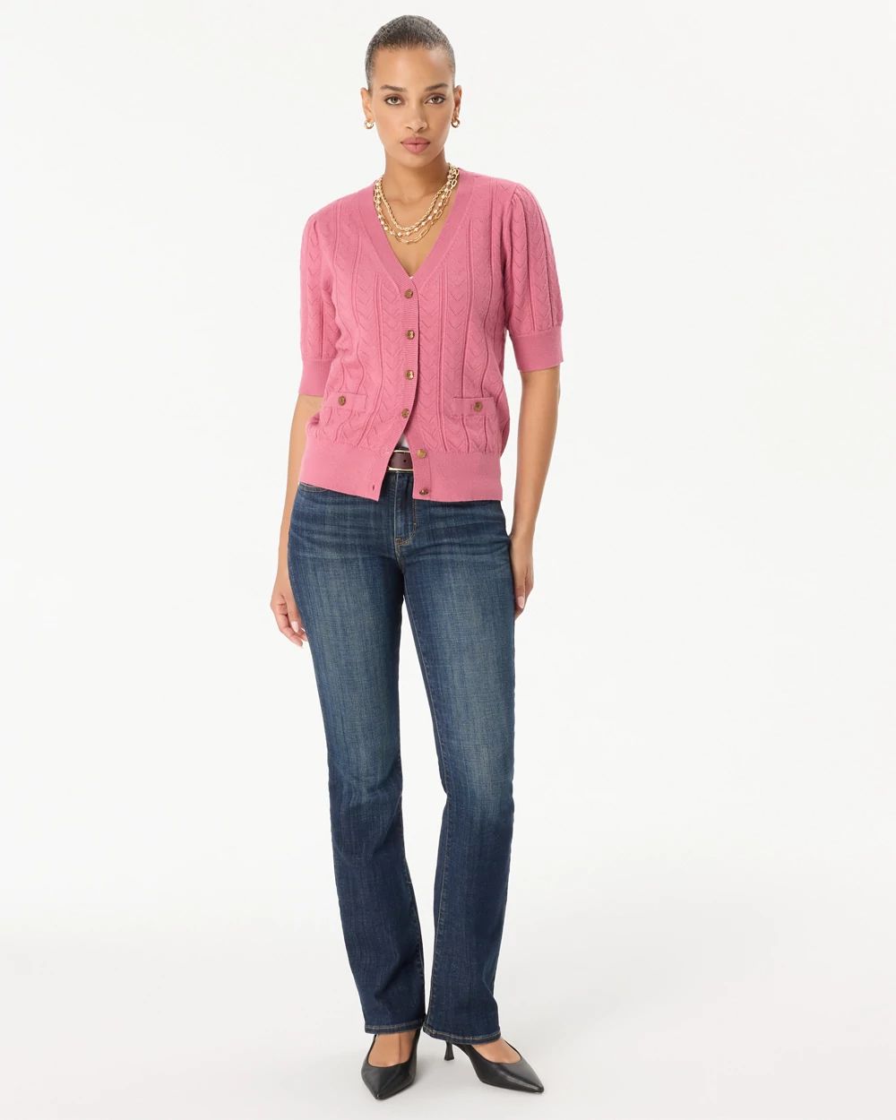 Short Sleeve Button Front V-neck Cardigan click to view larger image.
