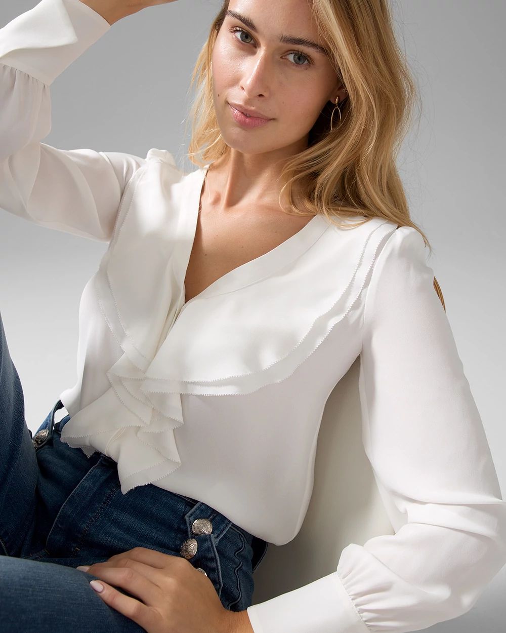 Long Sleeve Ruffle Front Blouse