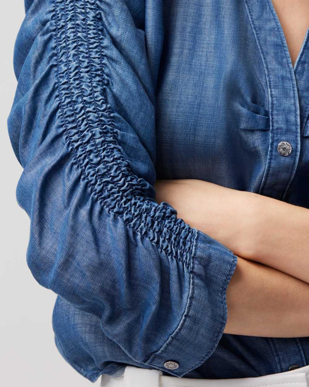 Elbow Sleeve Smocked Denim Shirt click to view larger image.