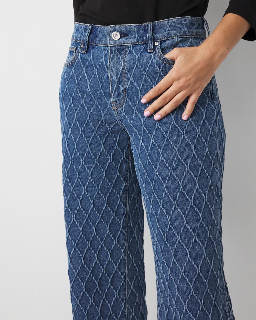 Petite Quilted Mid Rise Wide Leg Jean