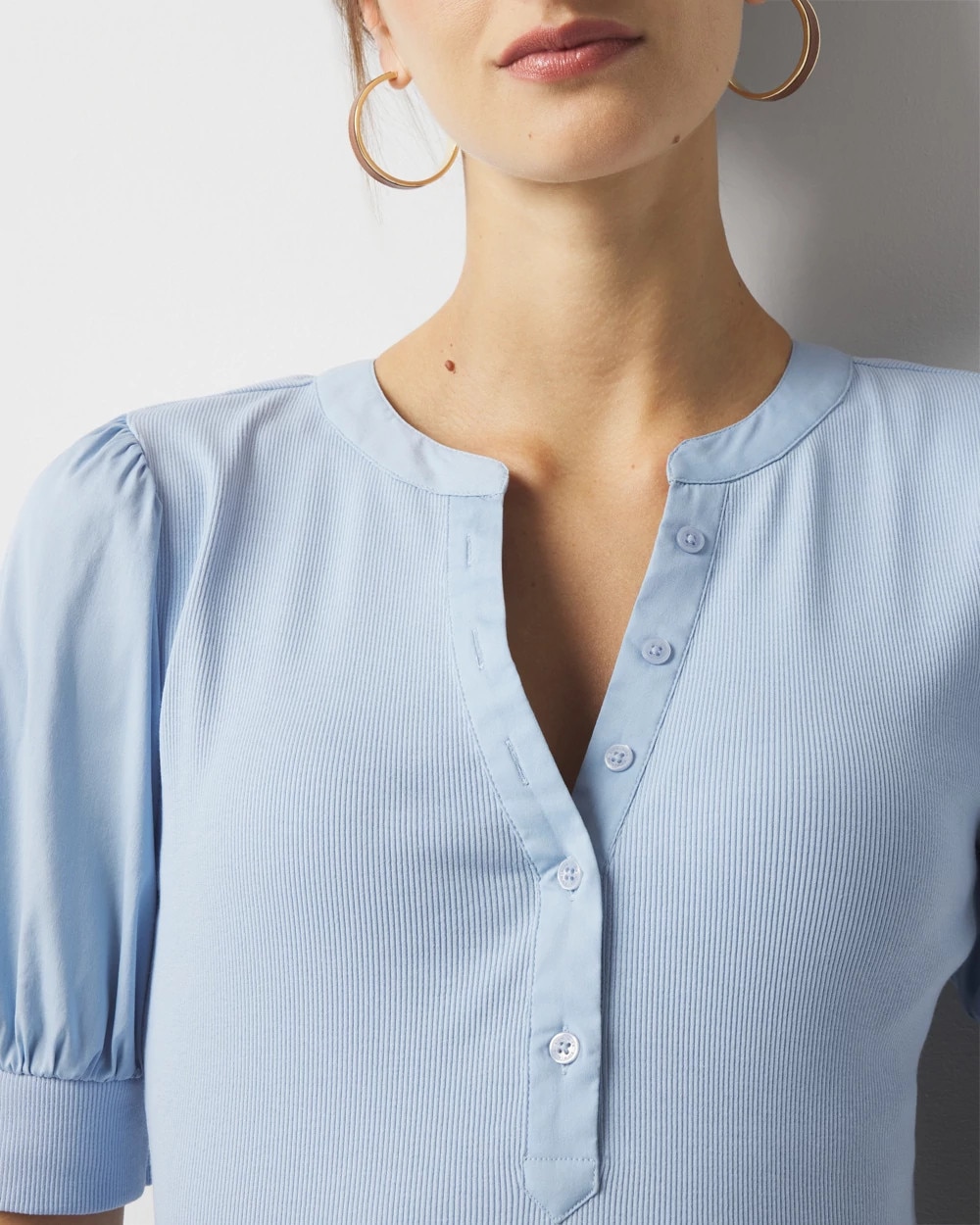 Poplin Puff-Sleeve Henley Top