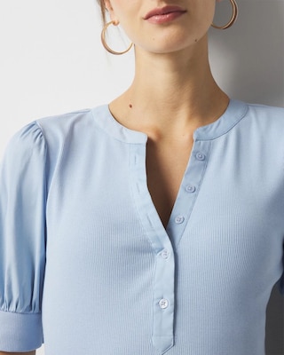 Poplin Puff-Sleeve Henley Top click to view larger image.