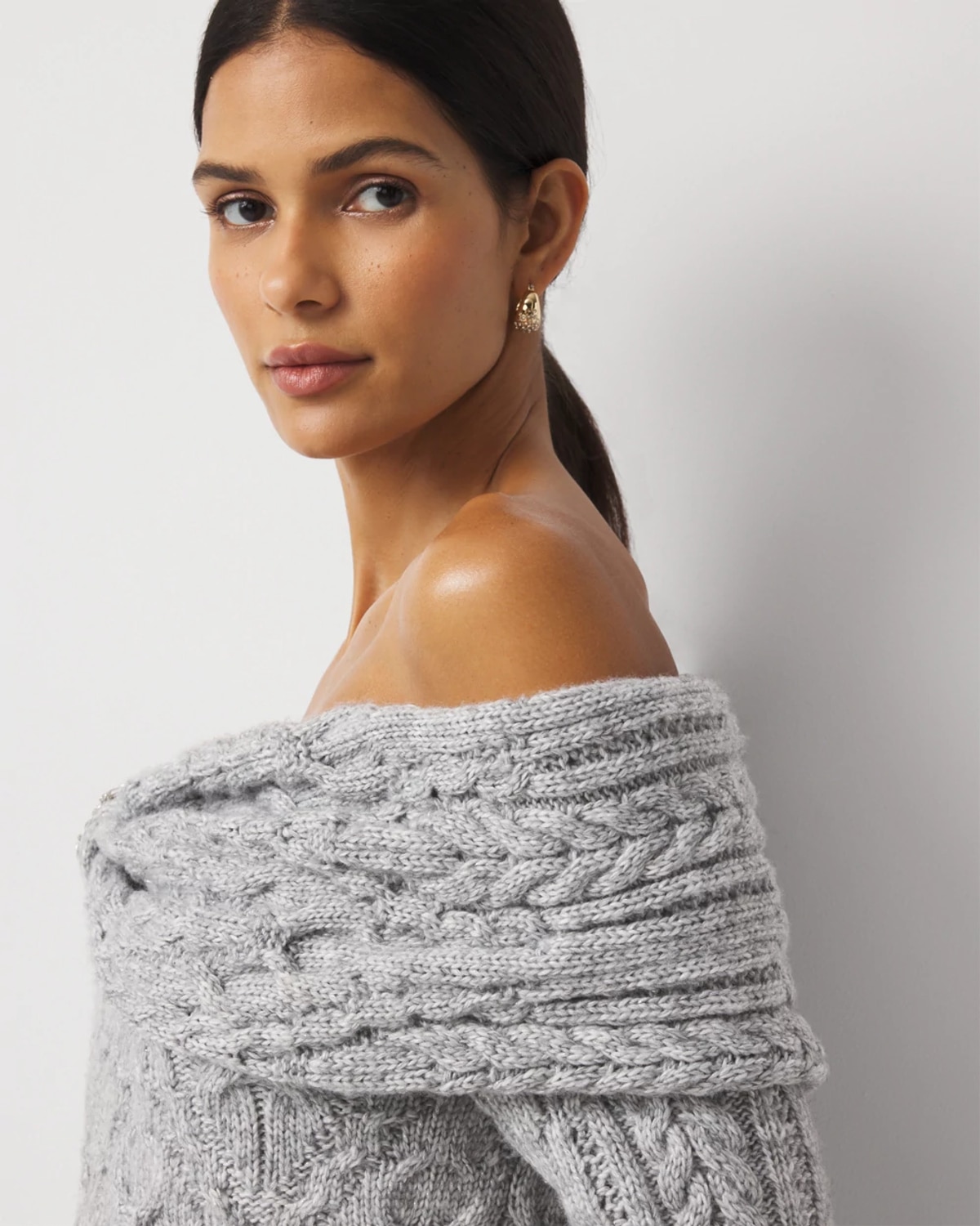 White House Black Market Off-the-shoulder Rhinestone Cable Knit Sweater In Gray