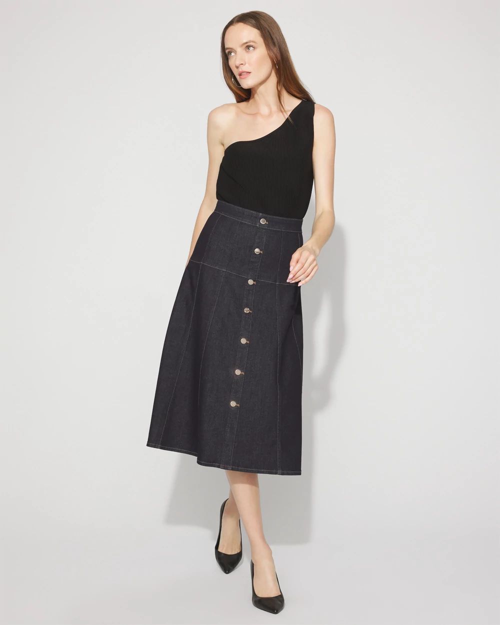 Drop Waist Denim A-Line Midi Skirt