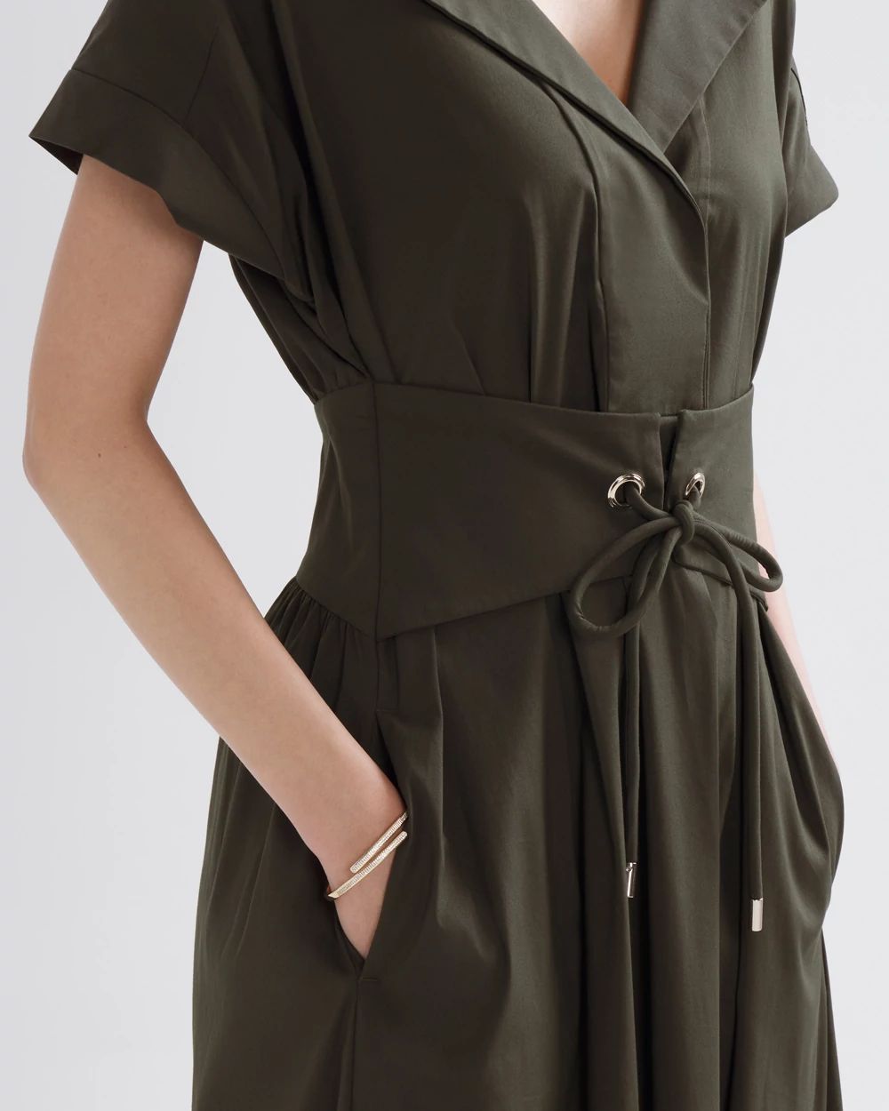 Petite Short Sleeve Collar Poplin Midi Dress click to view larger image.