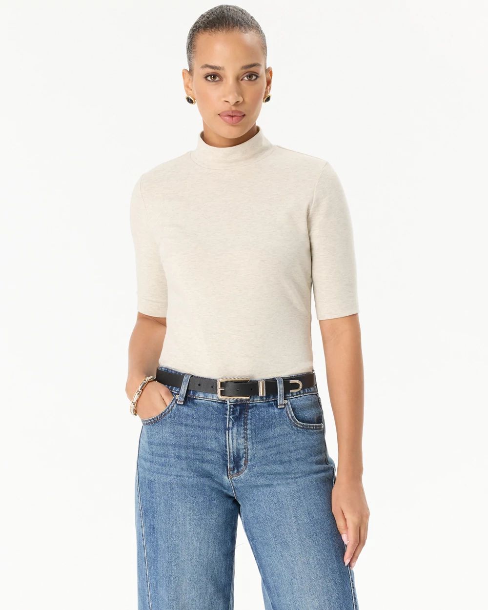 Mock Neck Elbow Sleeve Top