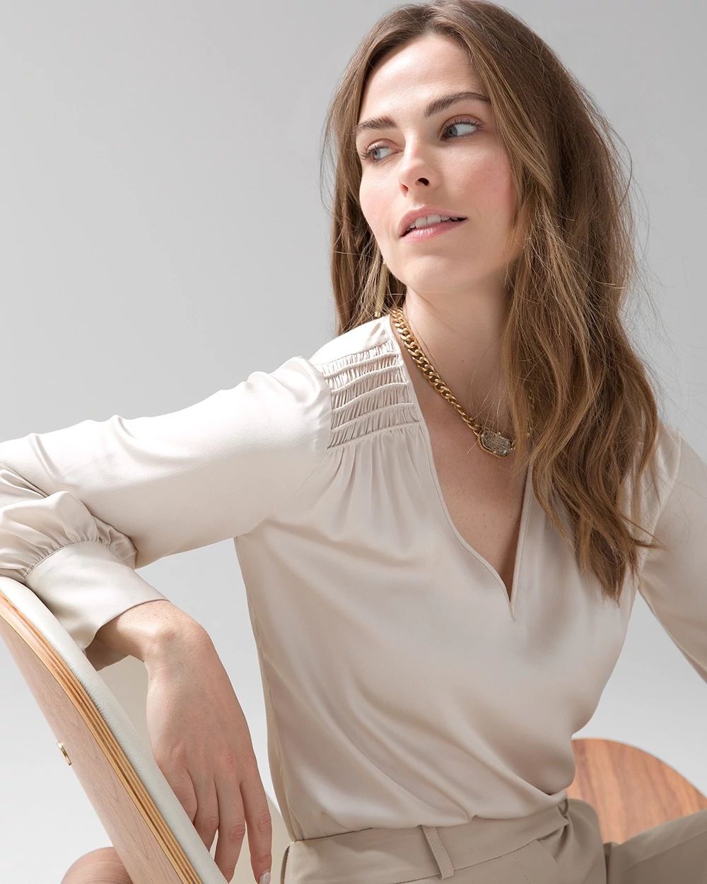 Smocked Shoulder Satin Blouse
