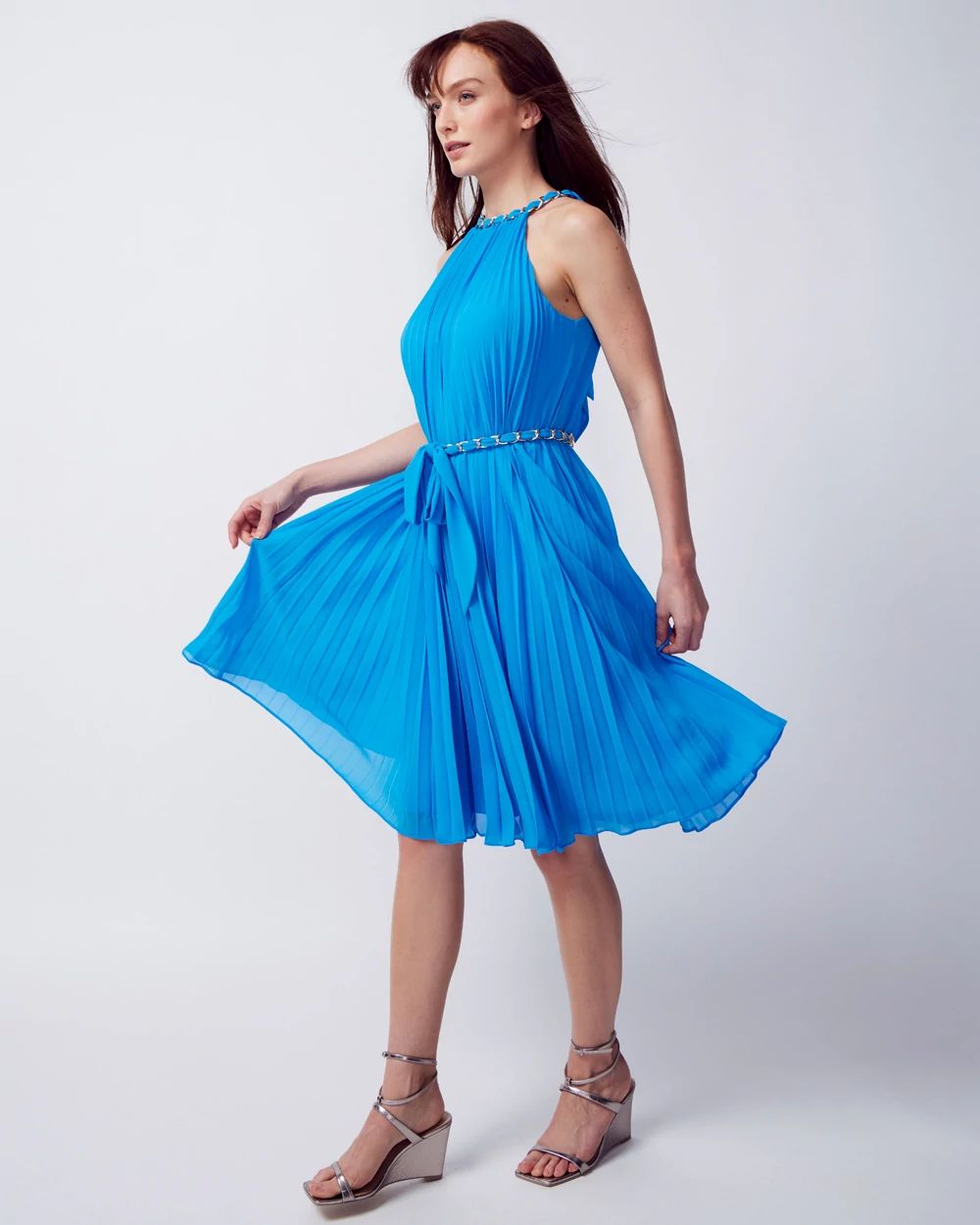 Sleeveless Pleated Halter Dress with Chain Detail click to view larger image.
