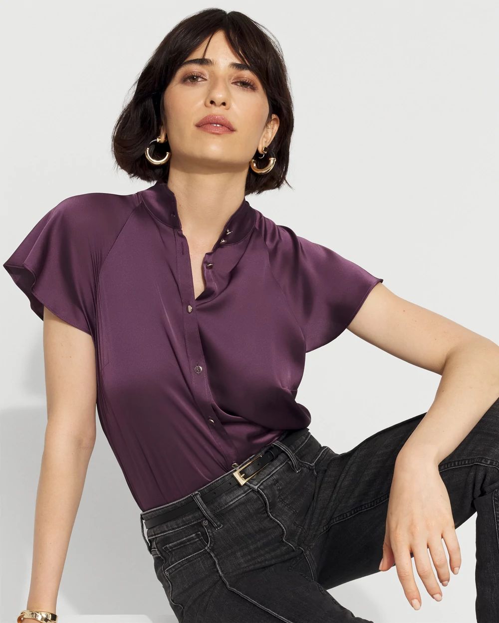 Flutter-Sleeve Satin Shirt click to view larger image.