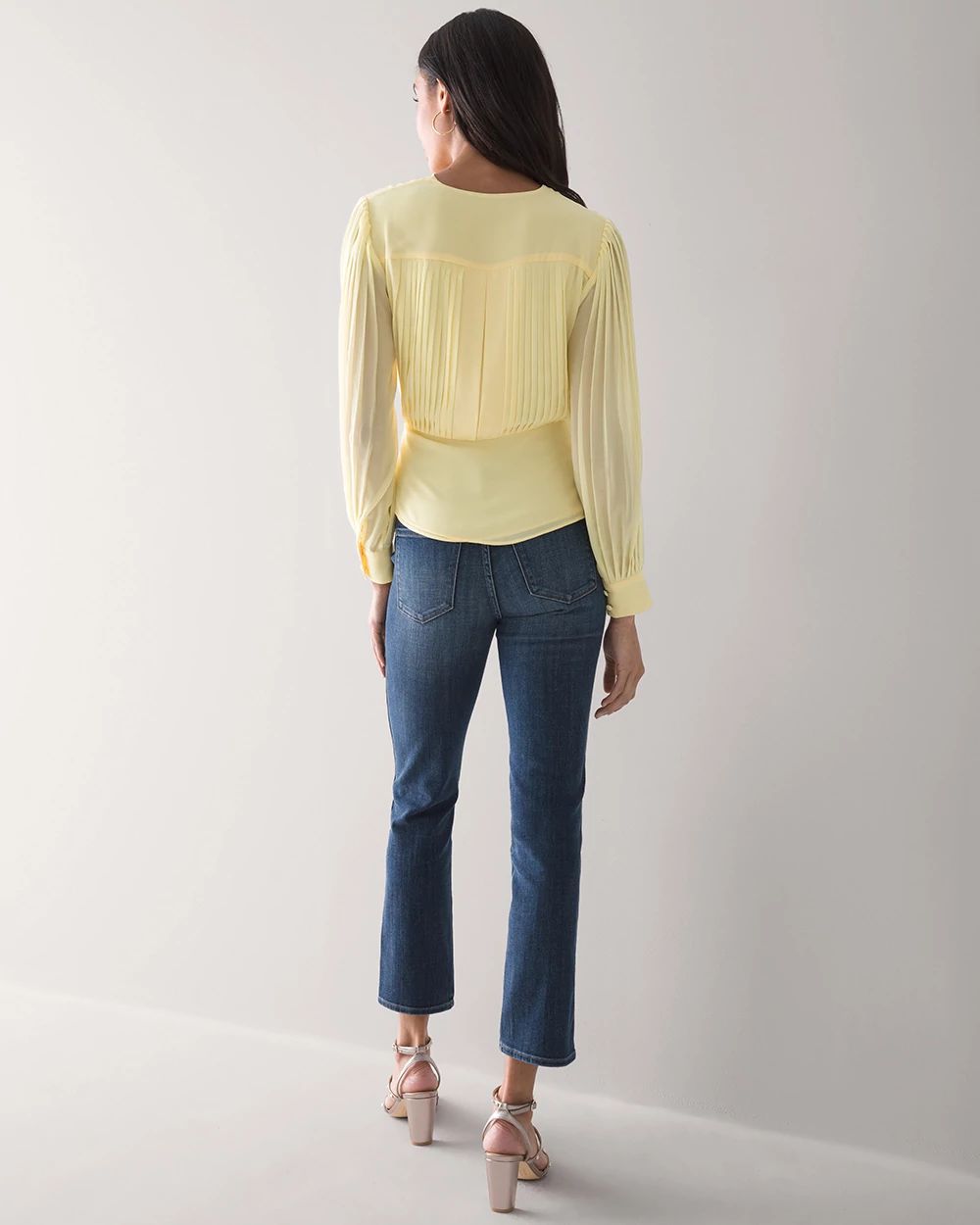 Long-Sleeve Pleat-Back Surplice Blouse