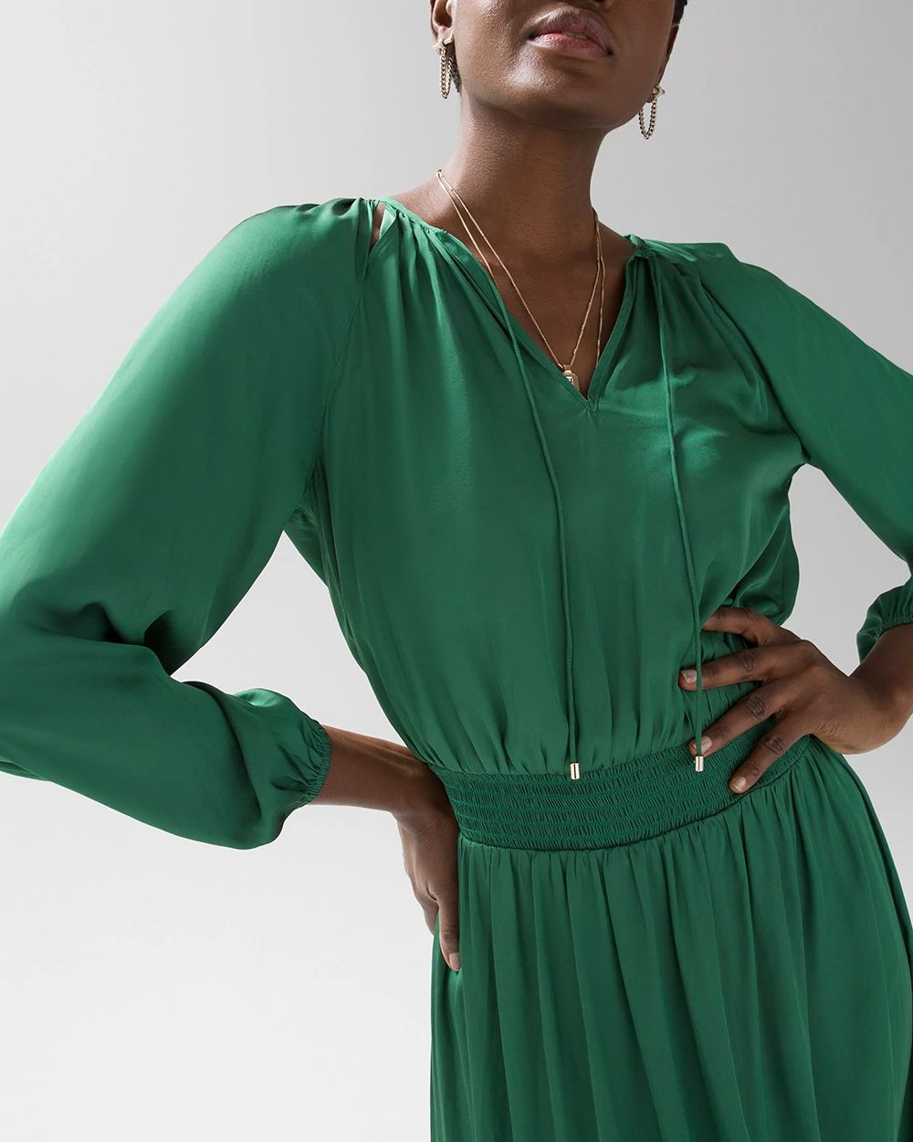 Long-Sleeve Smocked Waist Satin Midi Dress