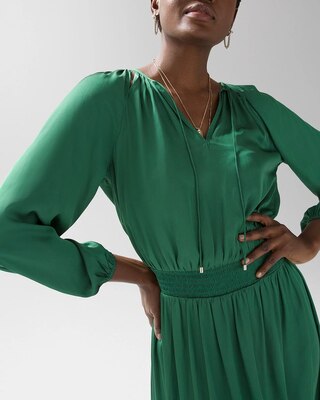Long-Sleeve Smocked Waist Satin Midi Dress
