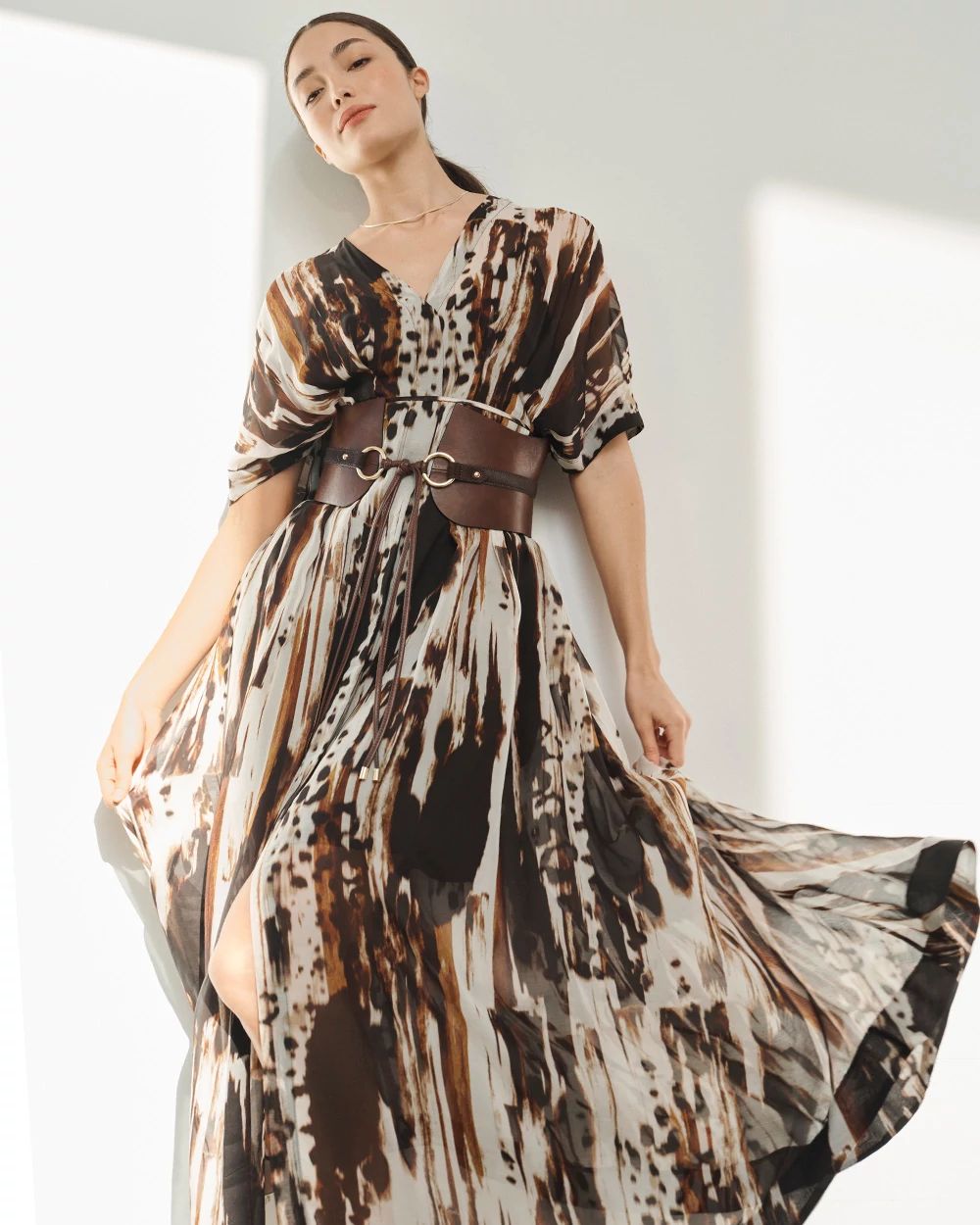 V-neck Tie-Waist Midi Dress