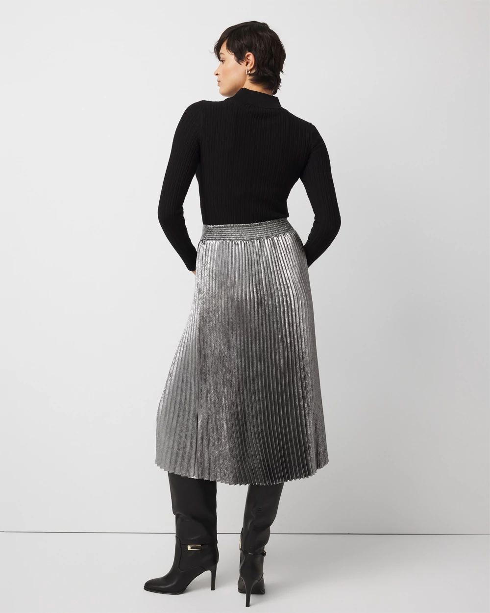 Pleated Chiffon Metallic Midi Skirt
