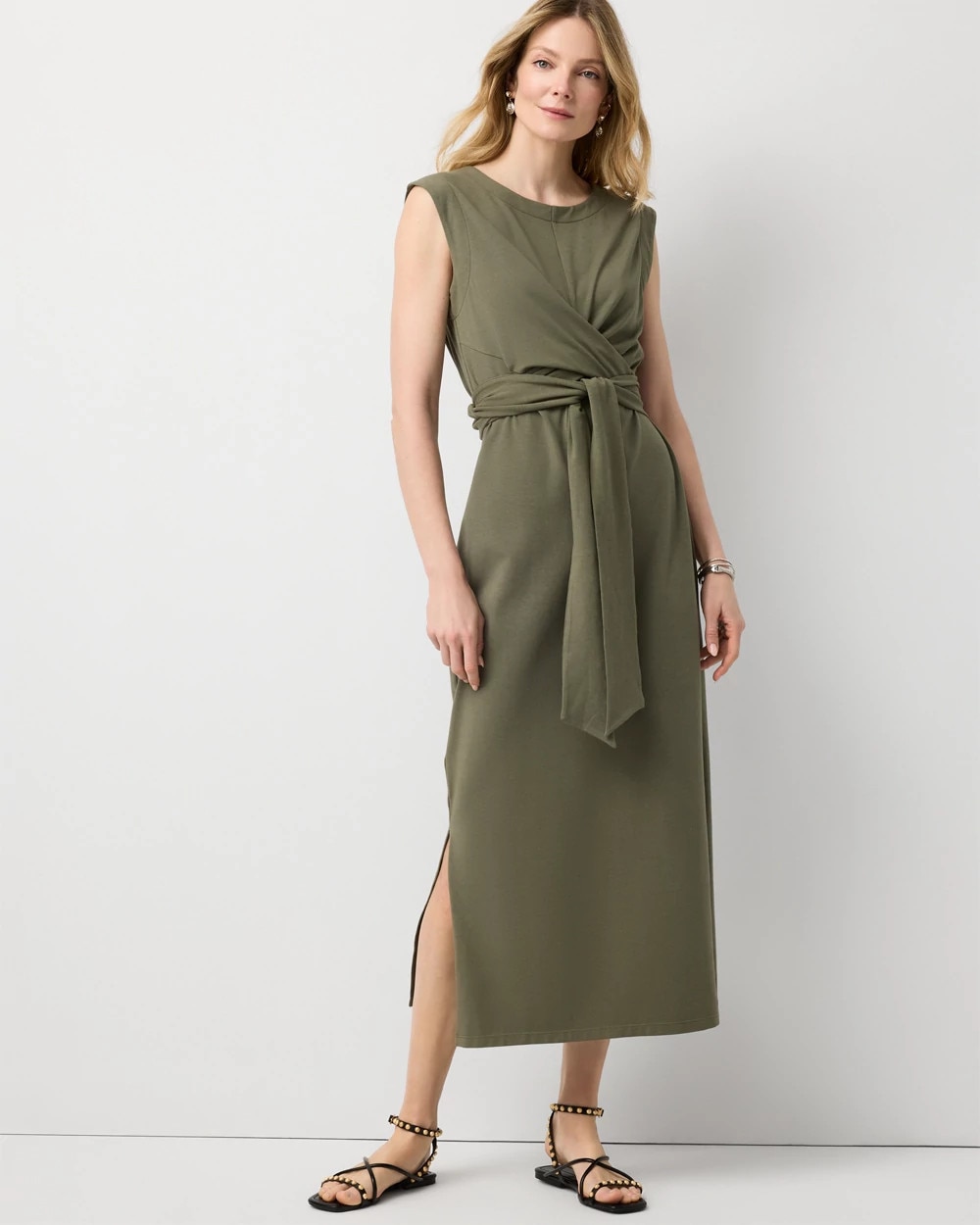 midi tie waist dress Ruth Angel Sleeve long cuffed sleeves Tie-Waist Midi Dress | White