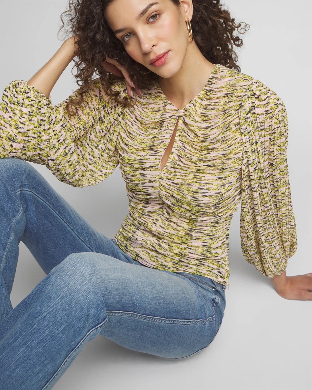 Long Sleeve Pleated Keyhole Blouse