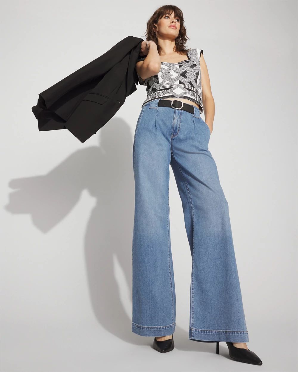 Petite High-Rise Pleated + Belted Wide-Leg Jean