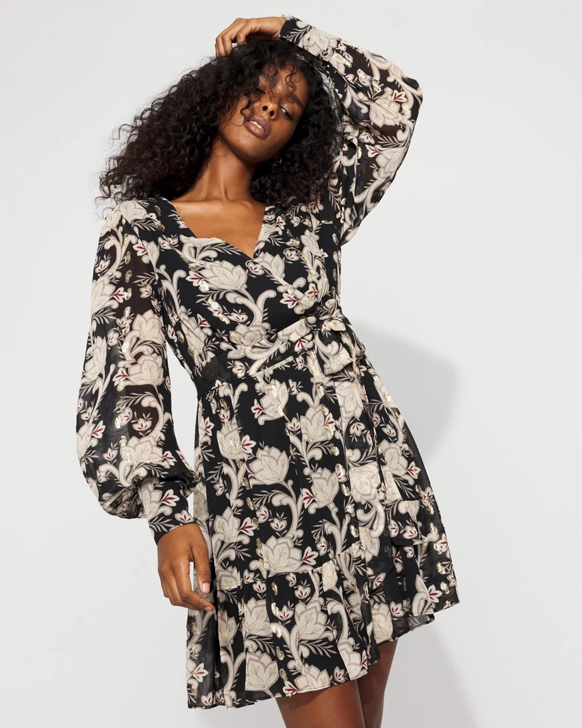 White House Black Market Petite Long Sleeve V-neck Mini Dress In Black