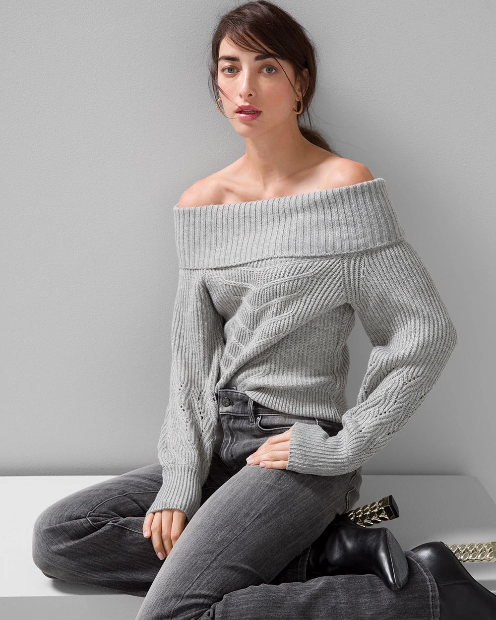 Off-the-Shoulder Cable Knit Sweater click to view larger image.