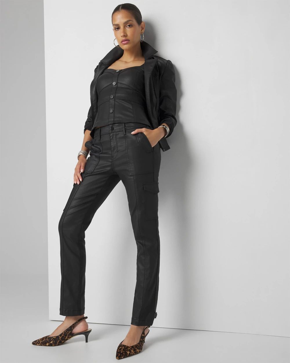 Mid-Rise Tapered Cargo Coated Jeans