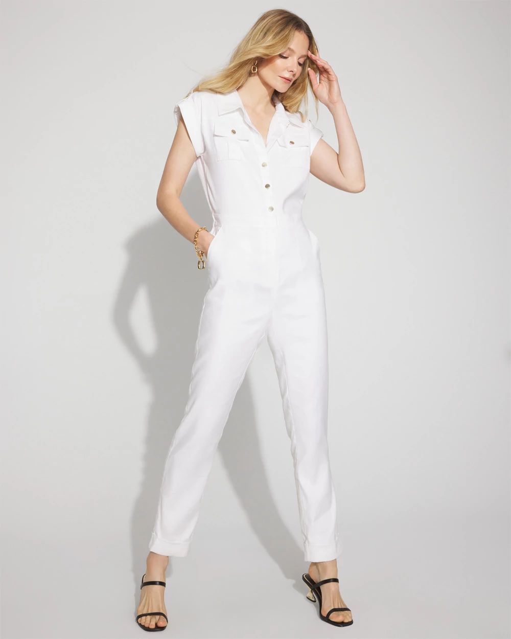 Linen-Blend Short-Sleeve Utility Jumpsuit