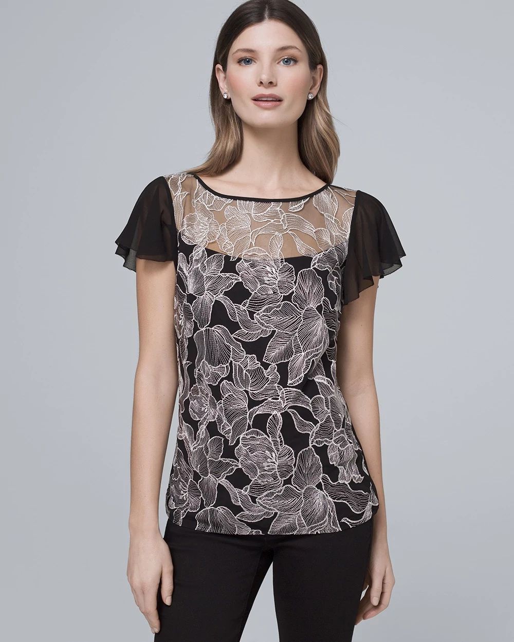 Black floral embroidered mesh top deals