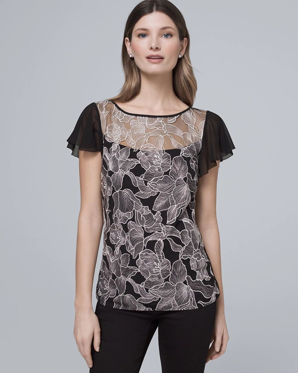 Floral-Embroidered Mesh Top