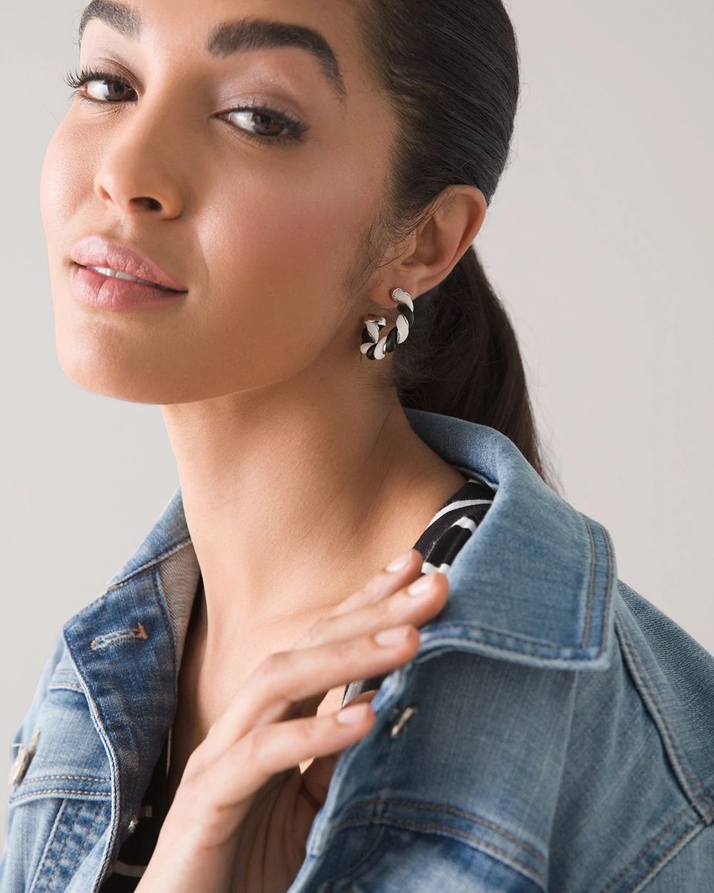 White & Black Vegan Leather Twisted Hoops