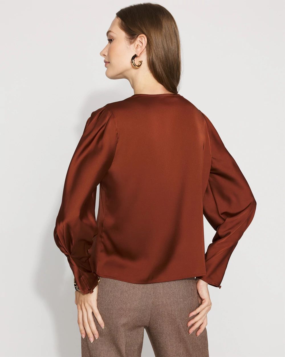 Petite Pleated Sleeve Satin Blouse
