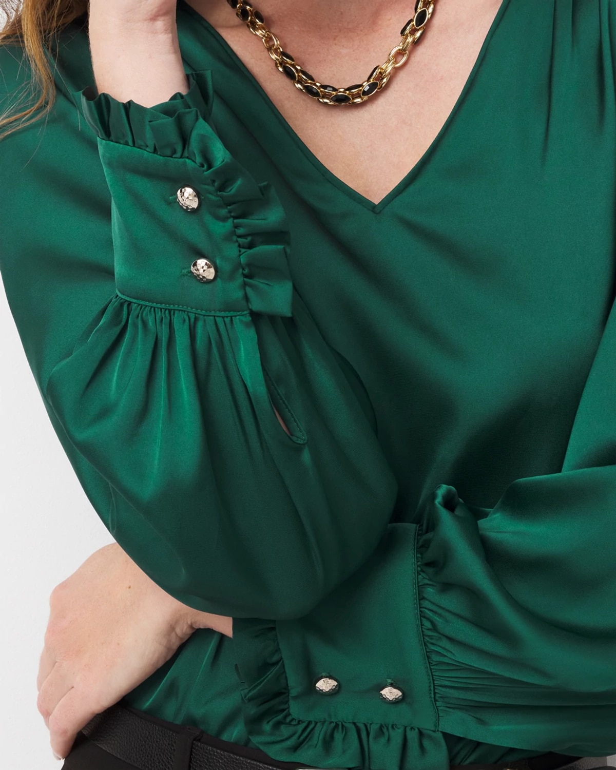White House Black Market Satin Drama Sleeve Blouse In Green