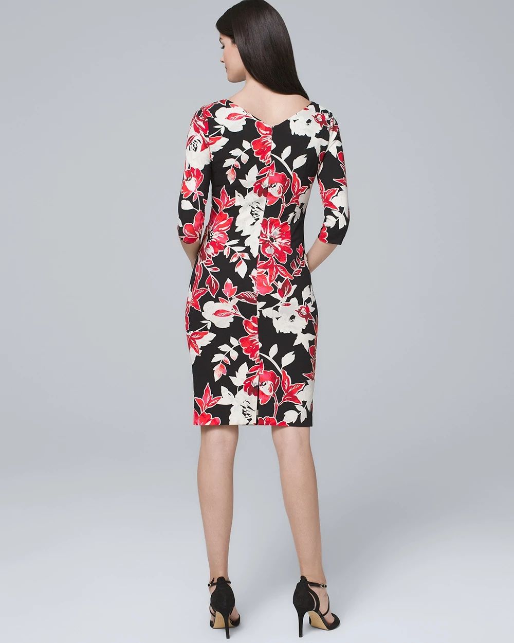 Draped-Neck Floral Sheath Dress
