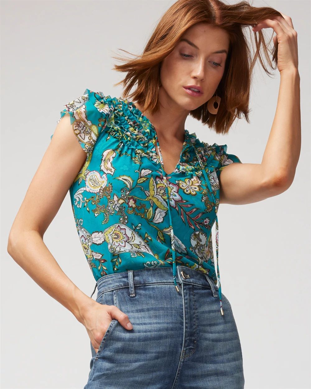 Short-Sleeve Mesh Tie-Neck Top